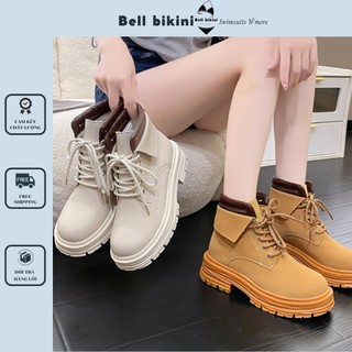 Giày boot nữ cao cổ da mềm bóng đẹp chiến binh cá tính - bốt martin nữ đế bằng cao 5cm buộc dây thời trang -bell- bt003