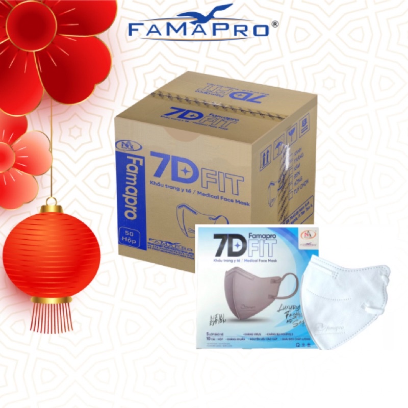 Famapro 7D FIT Thùng 50 hộp Khẩu trang y tế cao cấp kháng khuẩn 5 lớp 