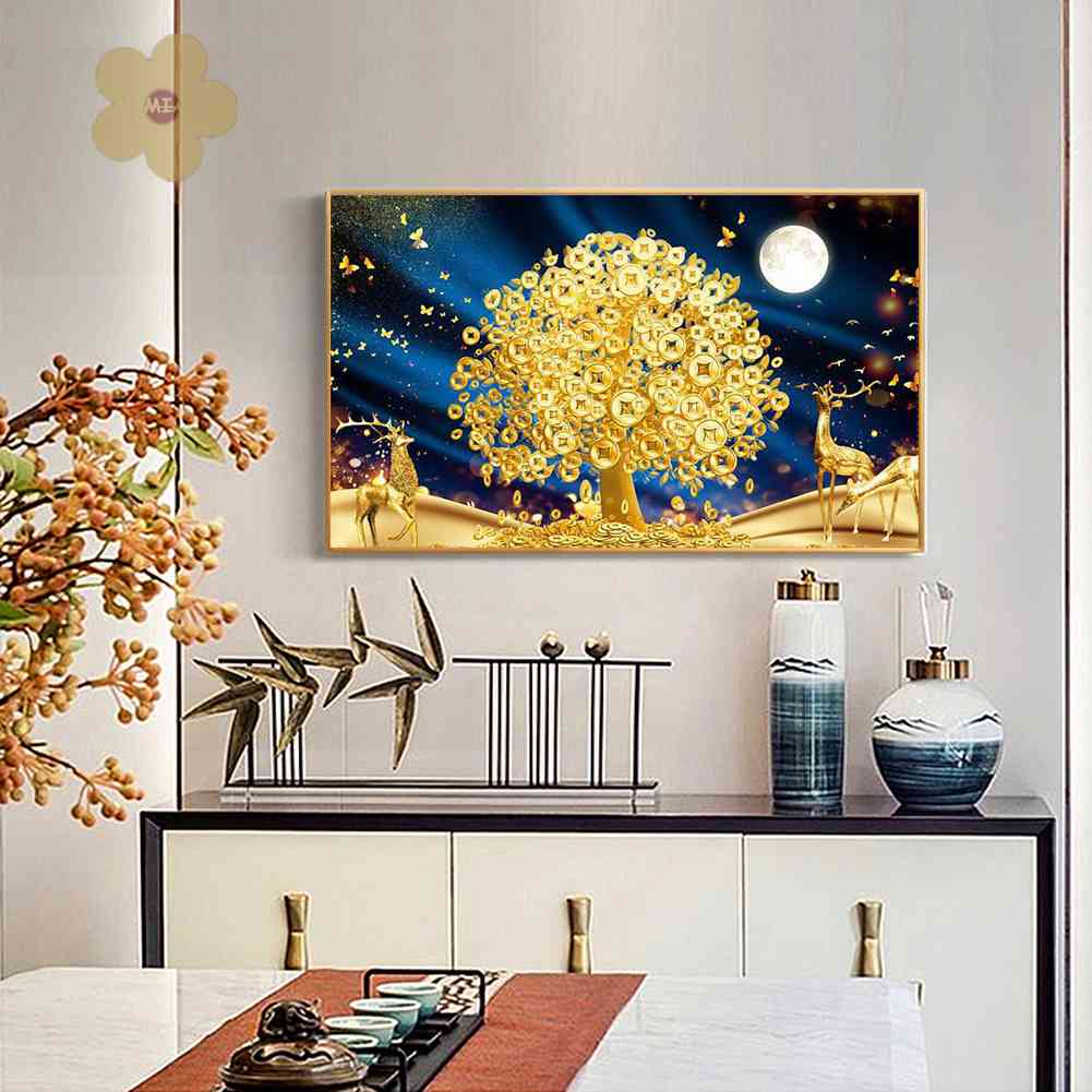 Tranh Đính Đá Kim Cương Toàn Bộ 5D DIY Hình Vẽ Cây Tiền