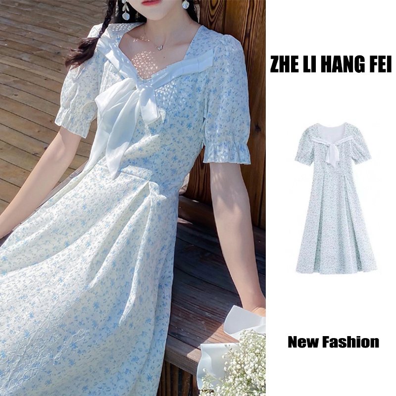 Đầm ZHELIHANGFEI họa tiết hoa tay phồng cổ chữ V xinh xắn dành cho nữ
