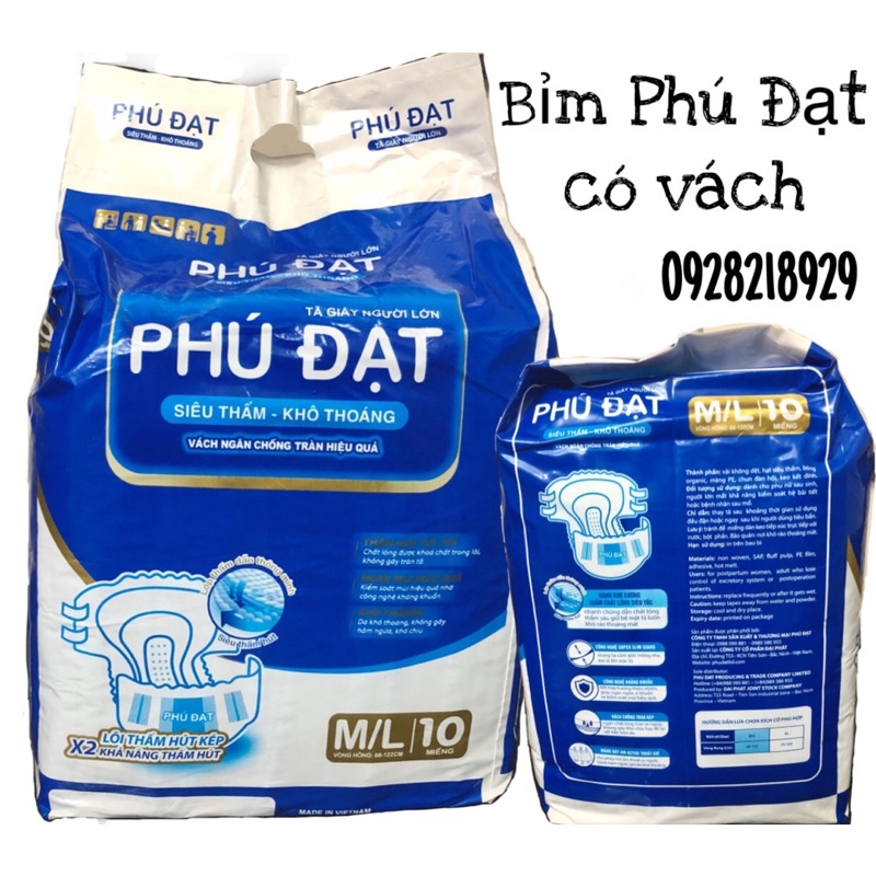 Tã bỉm dán Phú đạt Có vách chống tràn dành cho người già, phụ nữ sau sinh size ML, size XL Siêu thấm hút túi 10 miếng