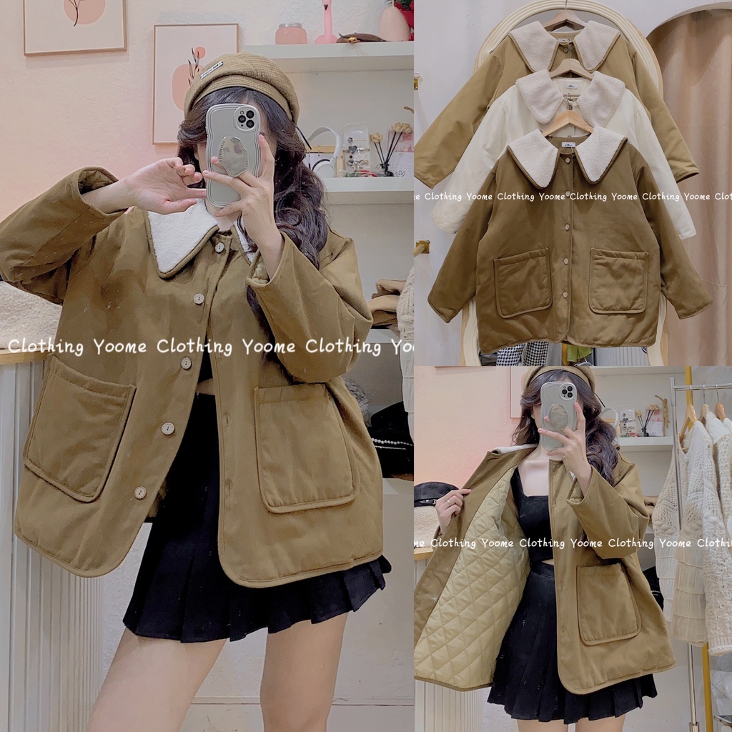 Áo phao nhung tăm cổ sen lông cừu trần trám yoome clothing