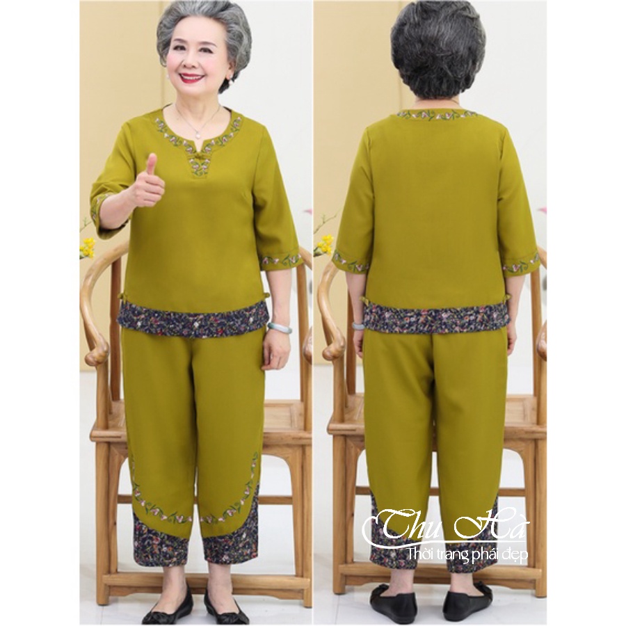 Đồ bộ trung niên nữ thêu hoa Thu Hà quần áo mặc nhà tặng bà tặng mẹ chất liệu co giãn form thoải mái ĐBH.21