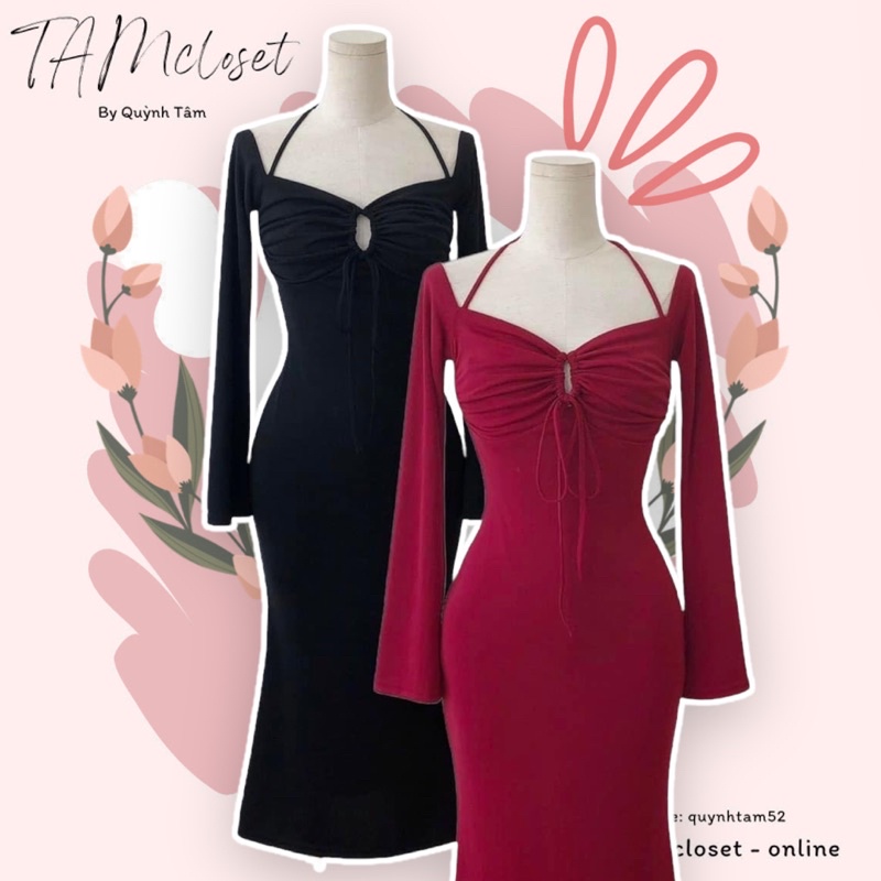 Đầm midi body thun cột nơ tay dài loe chất thun dẻo sịn sò TK1498