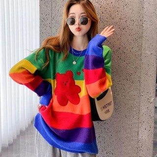 Áo sweater dáng rộng thêu hình gấu màu cầu vồng dễ thương