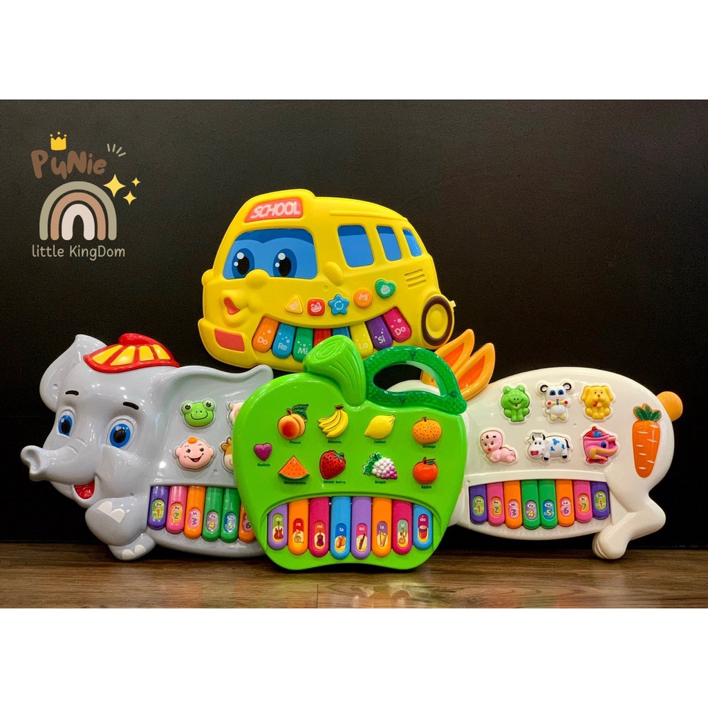 Đồ chơi đàn Organ cao cấp cho bé, âm thanh chất lượng, đèn led sáng nhấp nháy, Hình Thỏ, Voi, Xe, Trái Cây