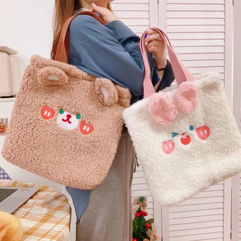 Túi Tote Đeo Vai / Xách Tay Bằng Vải Bông Mềm Thêu Họa Tiết Hoạt Hình Dễ Thương Sức Chứa Lớn Cho Nữ Jp