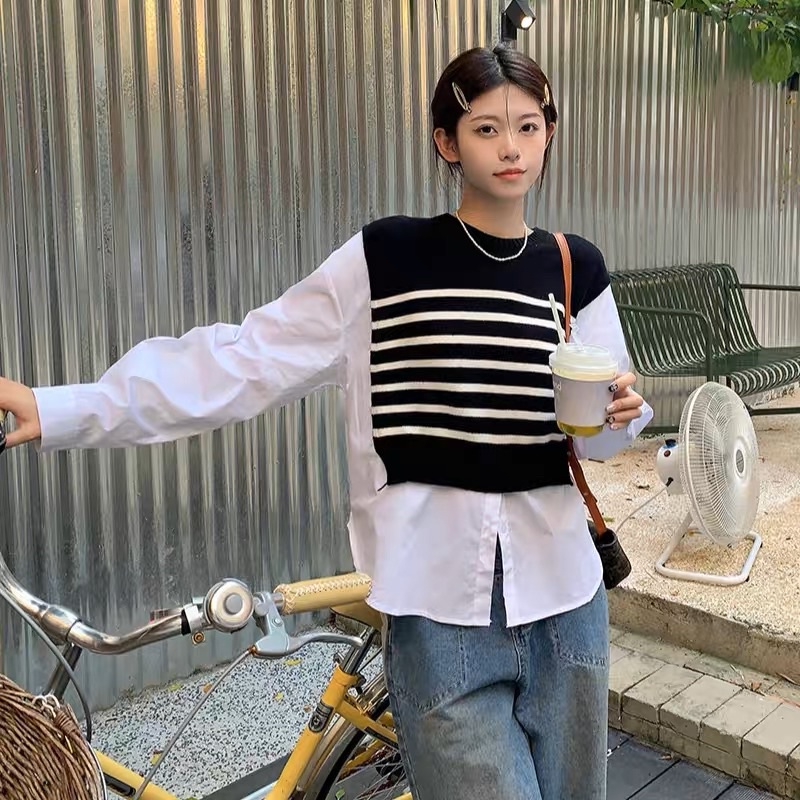 Áo sơ mi giả tay dài kẻ ngang trắng đen