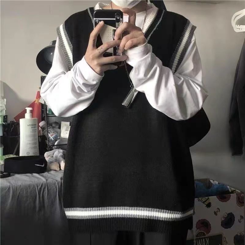 Áo Dệt Kim Không Tay Dáng Rộng Cổ Chữ V Màu Sắc Tương Phản Phong Cách Retro Nhật Hàn Dành Cho Nữ