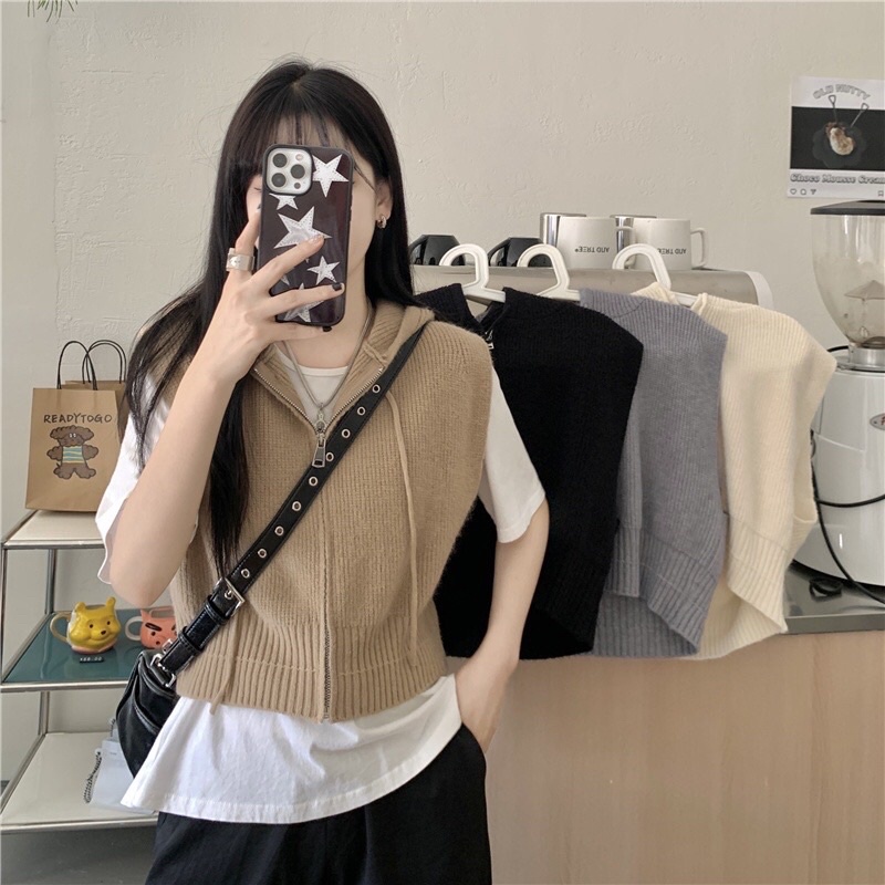 Áo Khoác Len Croptop Gile Có Mũ Dáng Rộng
