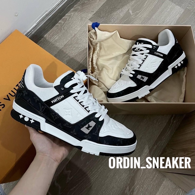 GIÀY LV TRAINER WHITE TRẮNG ĐEN LAI AU DA THẬT