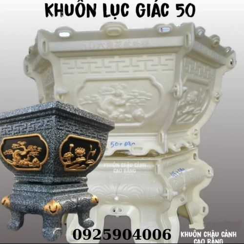 Khuôn đúc chậu cảnh lục giác 50 Sen + Tùng kết hợp chân đôn, Dùng làm chậu cây cảnh bonsai, Nhựa ABS cao cấp mới 100%