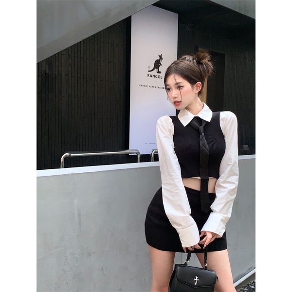 Set 3 Món Áo Sơ Mi Trắng Croptop & Áo Len Sát Nách Hở Lưng & Chân Váy Ngắn Ôm Kèm Cà Vạt
