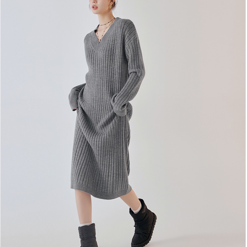 Đầm Dệt Kim Tay Dài Cổ Chữ v Màu Trơn Đơn Giản Phong Cách Hàn Quốc Thời Trang Mùa Thu Cho Nữ