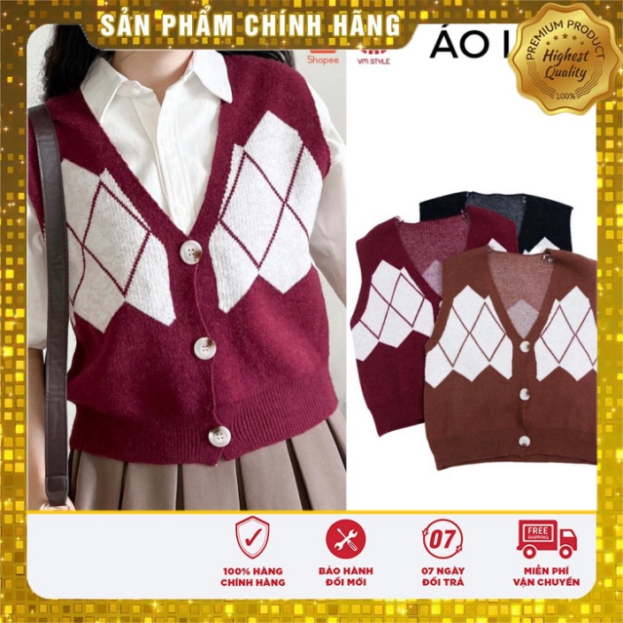 Áo len gile VM Shop nữ sượt nách kẻ ô cài nút trang điểm thu đông - ALU00109