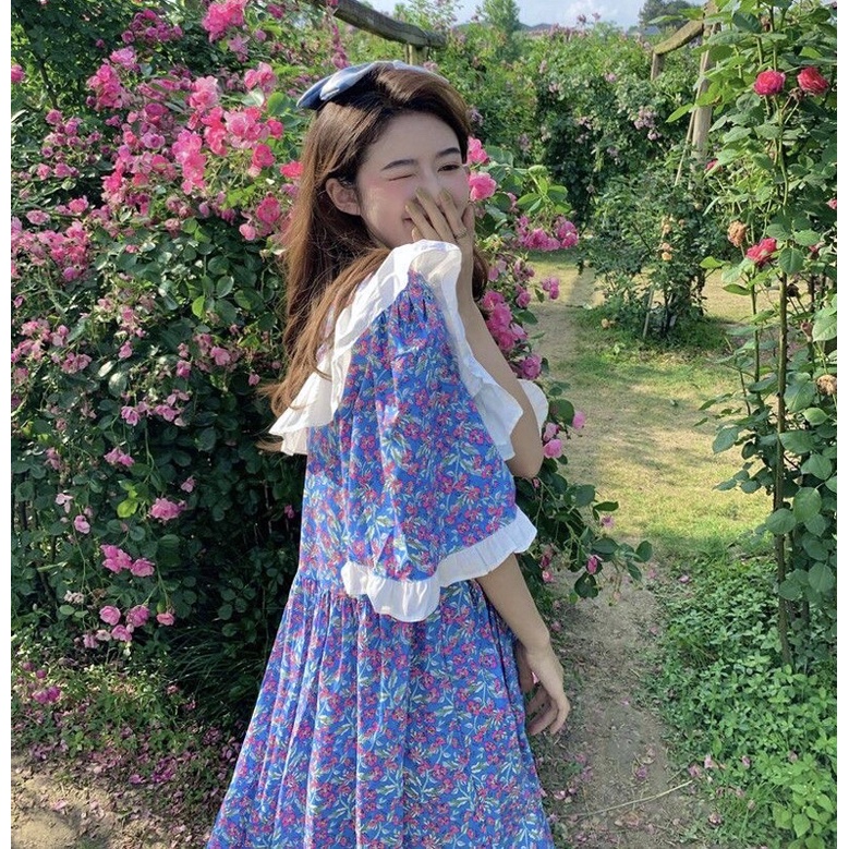 Váy Baby Doll Hoa Nhí Coban Xếp Bèo, Tiểu Thư Xinh Xắn