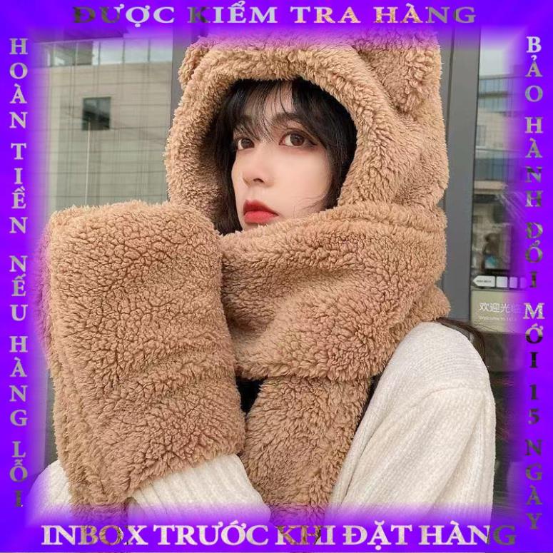 Mũ len nữ kèm khăn quàng cổ 3 trong 1 T.A Beauty , nón lông cừu tai gấu kèm găng tay mùa đông cute ấm áp huydyung