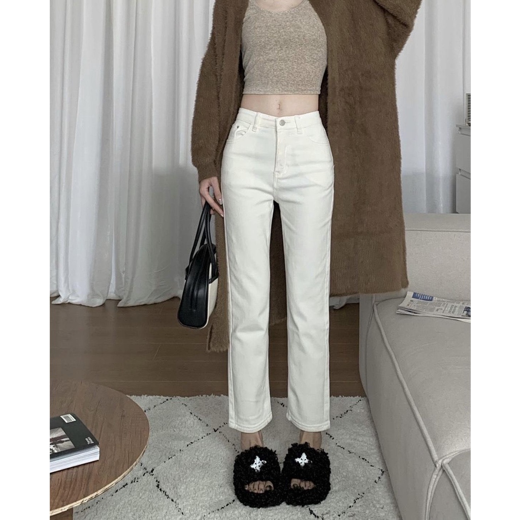 Quần jean lưng cao ống đứng màu kem lưng cao