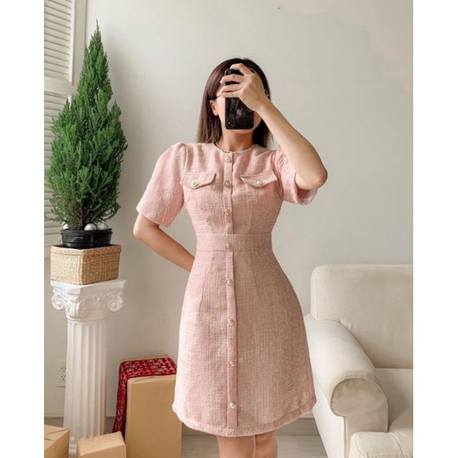 ĐẦM HỒNG PASTEL CHẤT VẢI DẠ TWEED