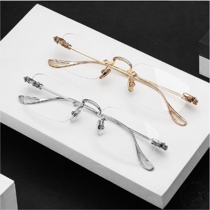 Gọng Kính Giả Cận Nam Nữ Fox EyeWear, Gọng Khoan CHORME Mắt Chữ Nhật Không Viền, Sang Trọng Thanh Lịch, Cứng Cáp
