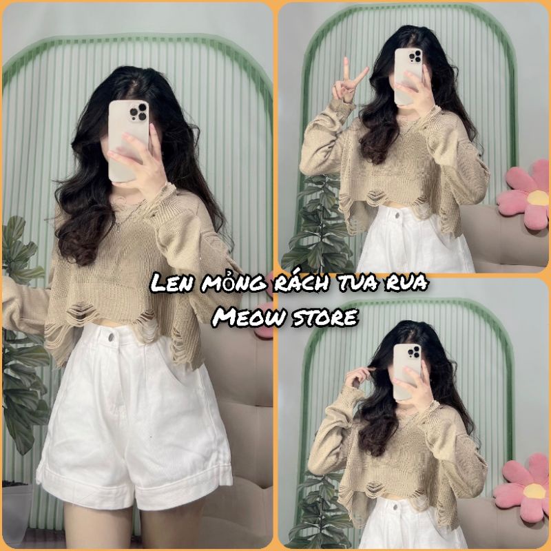 Áo len mỏng croptop rách tua rua màu nâu vintage mới