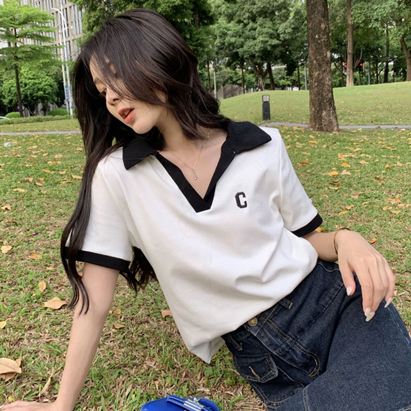 Áo Thun Ngắn Tay Cổ Chữ V Phối Màu Tương Phản Thời Trang Hàn Quốc Cho Nữ