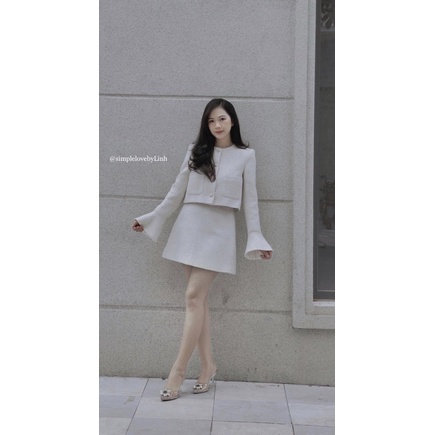 Set váy và áo khoác dạ tweed trắng nhũ sang trọng nữ tính S2212