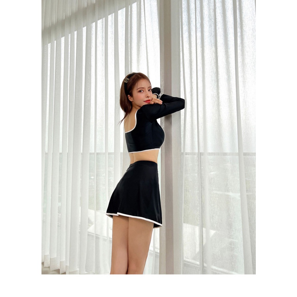 Mẫu mới 2023 Bikini 2 mảnh Hàn Quốc bộ đồ bơi dài váy, váy quần kín đáo đen viền trắng đính nút mới lạ hot hit