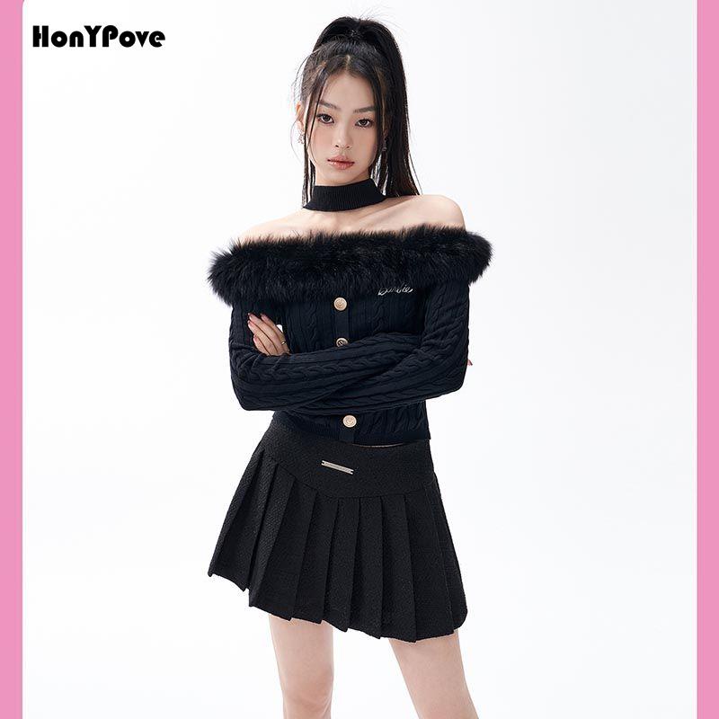 Áo Sweater Trễ Vai Cổ Phối Lông Màu Trơn Phong Cách Thời Trang Mùa Thu Mới 2022