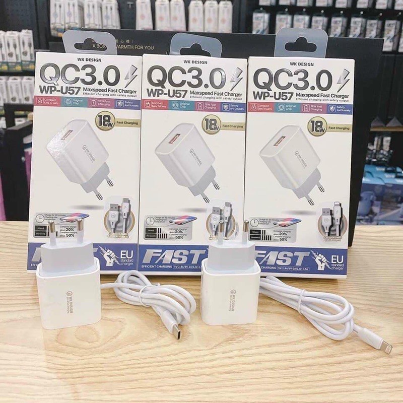 Combo Bộ Sạc Nhanh : Củ Sạc + Cáp Sạc 18W Đầu USB - iP- Type.C - Micro -  QC3.0 WK U57 - Chính Hãng NEXTAGE