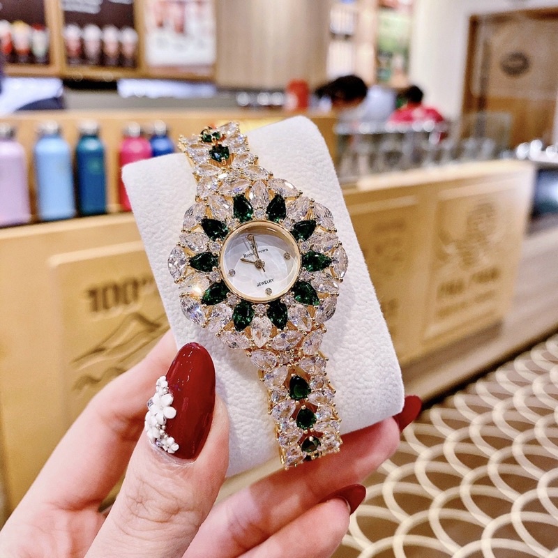 Đồng hồ Royal Crown 2035 mặt tròn hoa tuyết đính đá màu dây kim loại chính hãng
