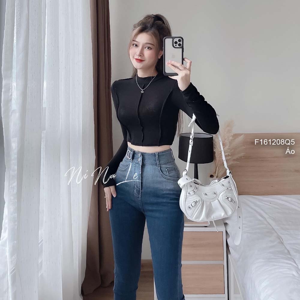 Áo thun zip đen trơn dáng croptop phối viền tay dài hàng QC!