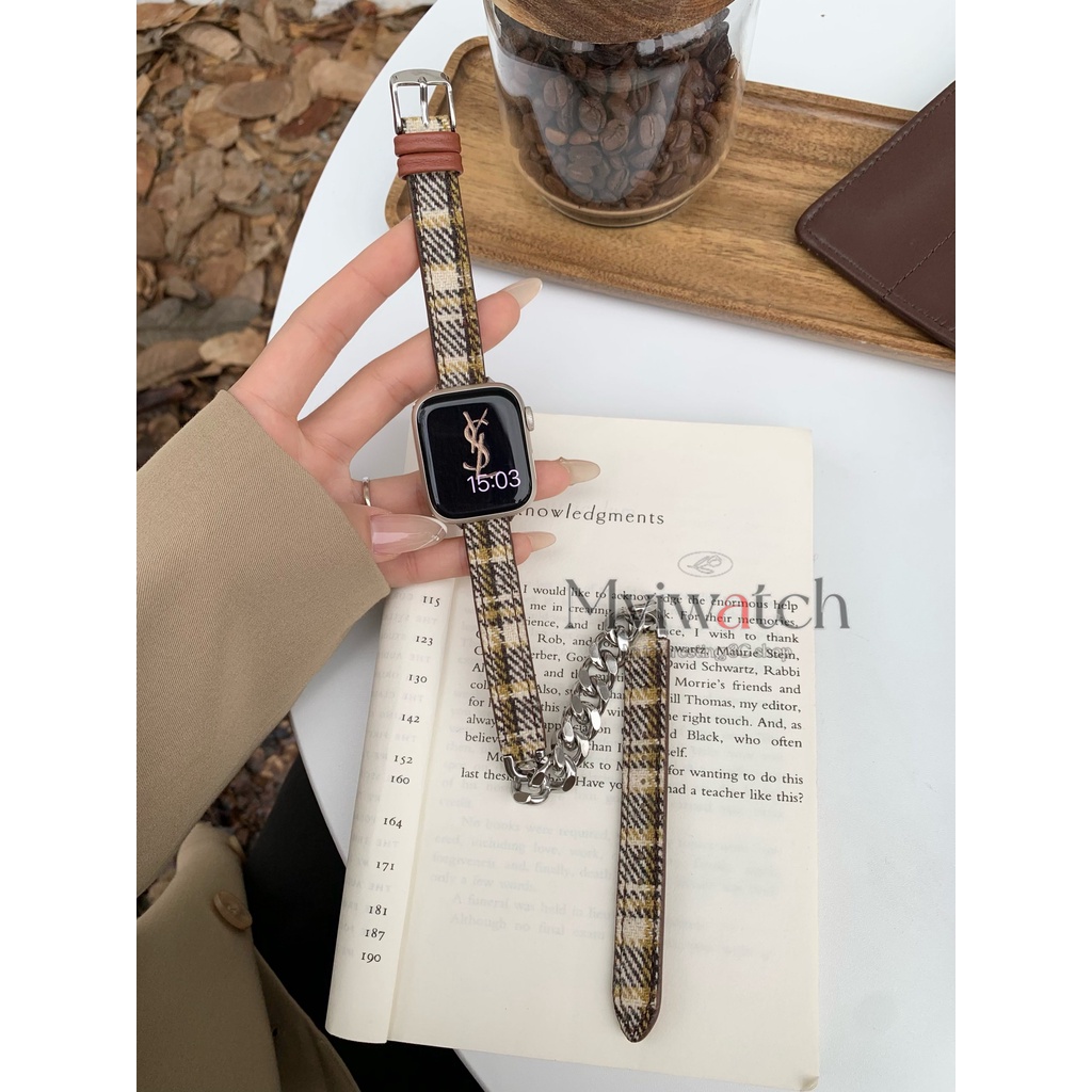 Dây Xích Đôi Bằng nylon Và Da Phối Inox Cho iwatch series 8 7 6 5 SE 4 3 2 iwatch 49mm 44mm 40mm 41mm 45mm 42mm 38mm