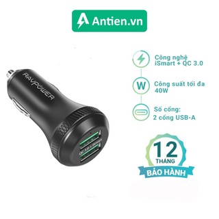 Tẩu sạc ô tô RAVPower 2 cổng 40W hỗ trợ iSmart 2.0 và Quick Charge 3.0 (RP-VC007)