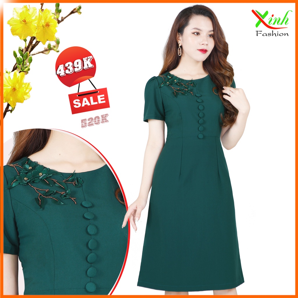 Đầm Xanh Rêu Kết Hoa Cườm Thủ Công Cao Cấp DL821