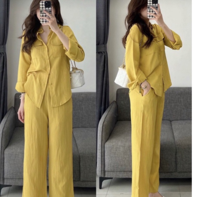 Sét bộ nữ cổ sơ mi tay dài quần ống rộng thoải mái trẻ trung năng động