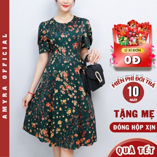 Váy dự tiệc Tết trung niên cao cấp sang trọng vải lụa cho mẹ AMYRA thiết kế dáng xòe tay kiểu hoa nhí U40,U50,U60 DA192