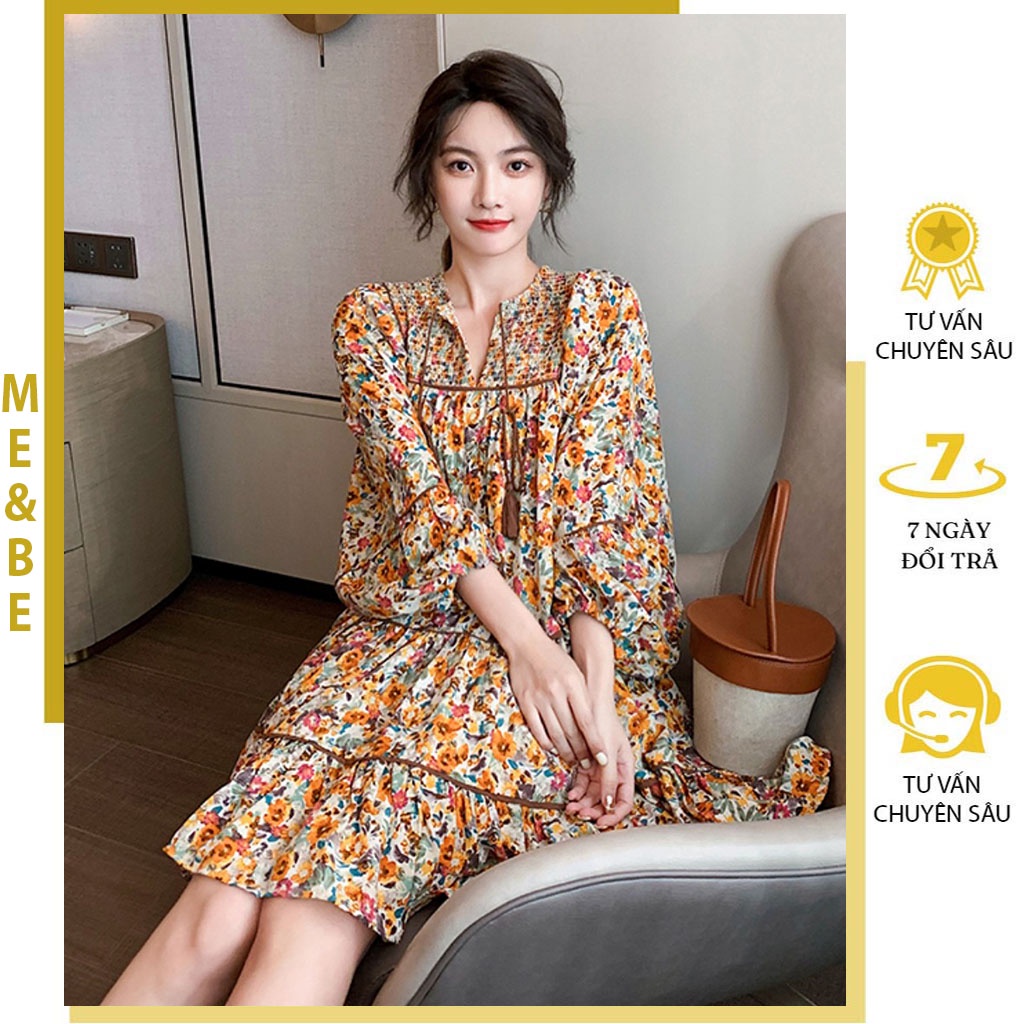 VÁY BẦU HOA NHÍ PHONG CÁCH RETRO PHÁP - ĐẦM BẦU THU ĐÔNG DÀI TAY MẶC ĐI LÀM ĐI CHƠI - VÁY TIỂU THƯ ĐẸP