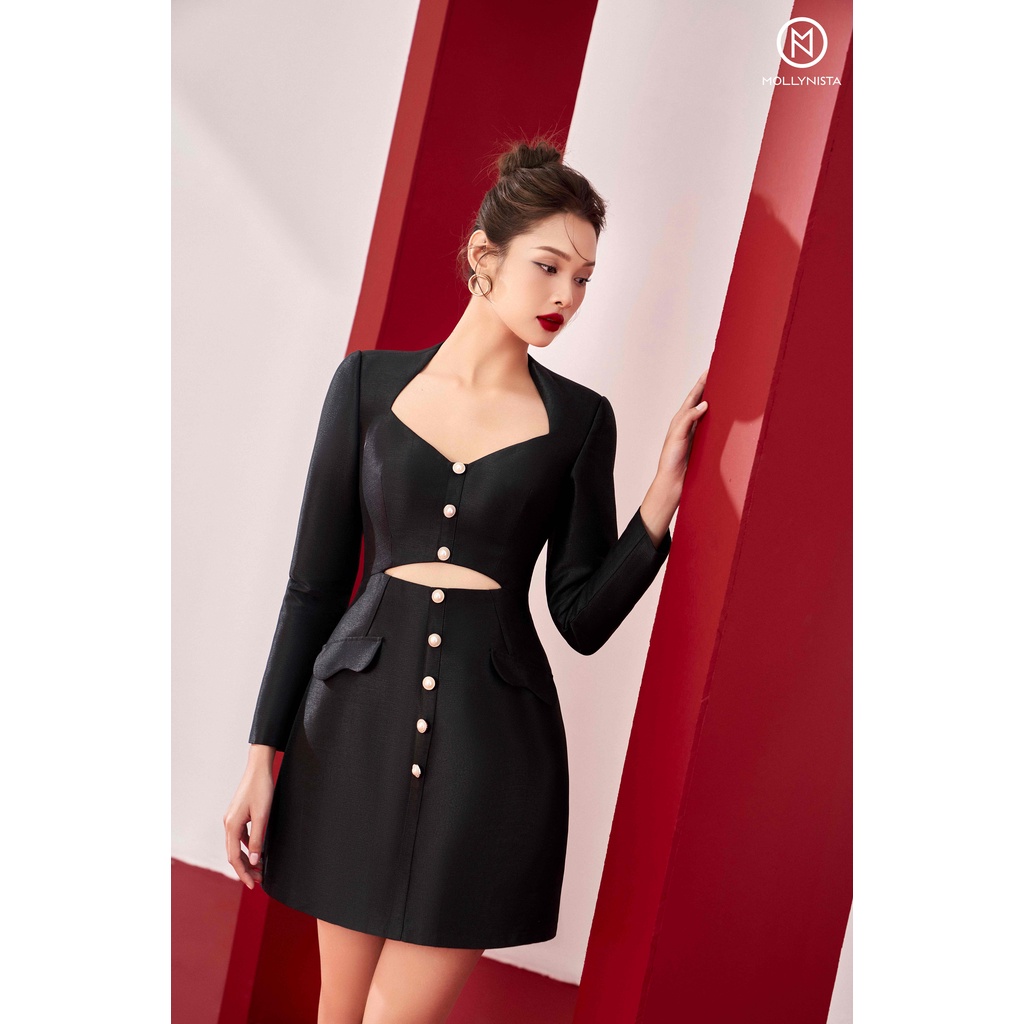 MOLLYNISTA - Đầm tay dài khoét eo nút ngọc quyến rũ nữ tính thiết kế cao cấp đi chơi đi tiệc gợi cảm
