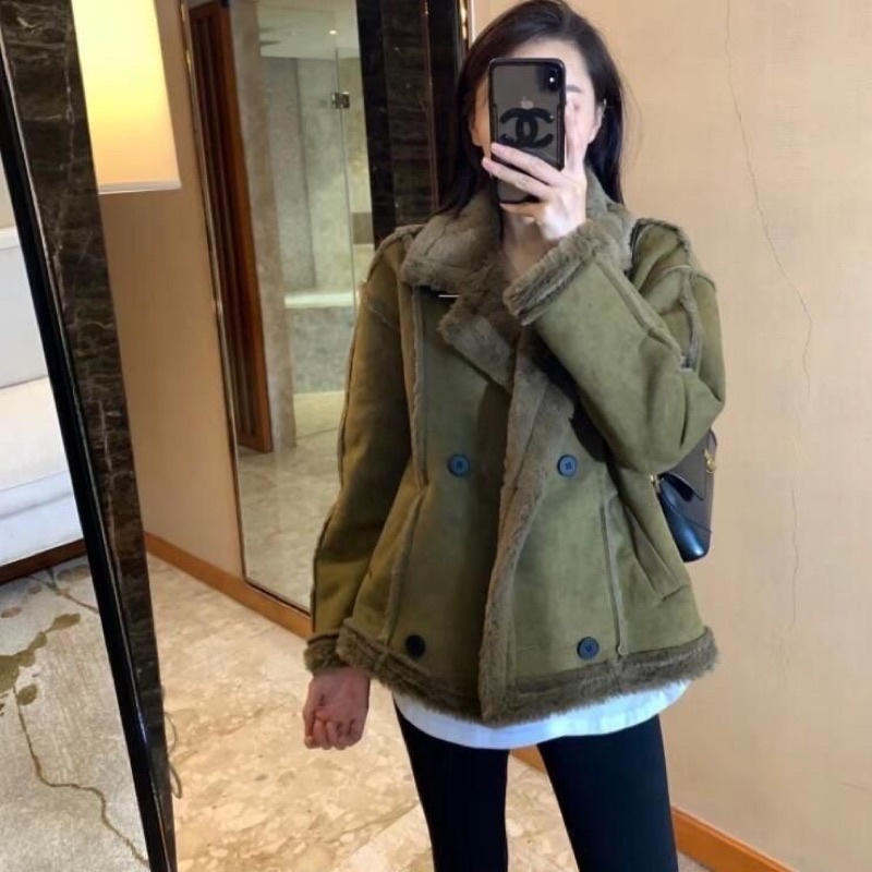 Áo Khoác Da Lộn Lót Lông Mịn Xanh Rêu Đang Hot