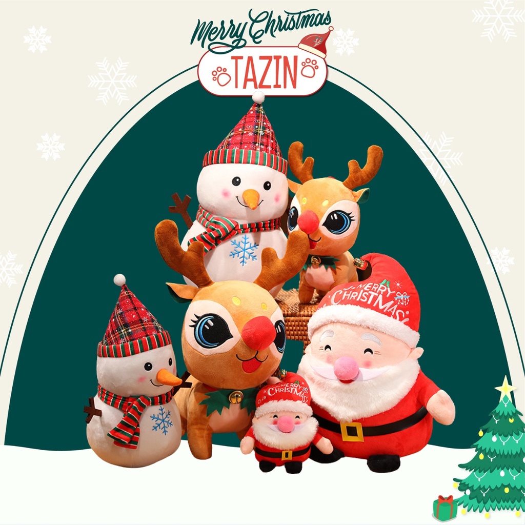 Gấu Bông Ông Già Noel Béo Ngồi, Gấu Bông Người Tuyết Khăn Kẻ, Nai Bông Giáng Sinh Dễ Thương