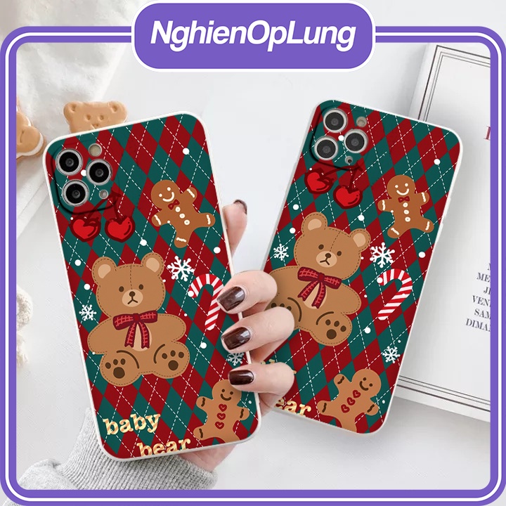 Ốp iPhone ốp lưng iPhone viền vuông bảo vệ camera hình gấu nâu Noel dành cho iP6 đến iP14promax - li399