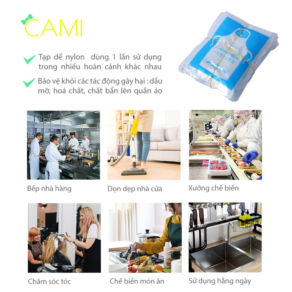 25 cái tạp dề cỡ lơn 60 x 100cm sử dụng 1 lần, tiện lợi, tiết kiệm chi phí dùng khi nấu ăn, làm tóc - Cami - CMPK308
