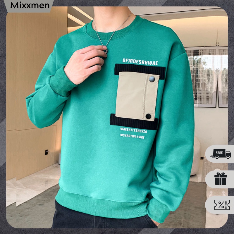 Áo Sweater Nỉ Nam Form Rộng Cổ Tròn Bo Gấu Phối Họa Tiết Túi Ngực Thời Trang Mixxmen TOP NAM 240
