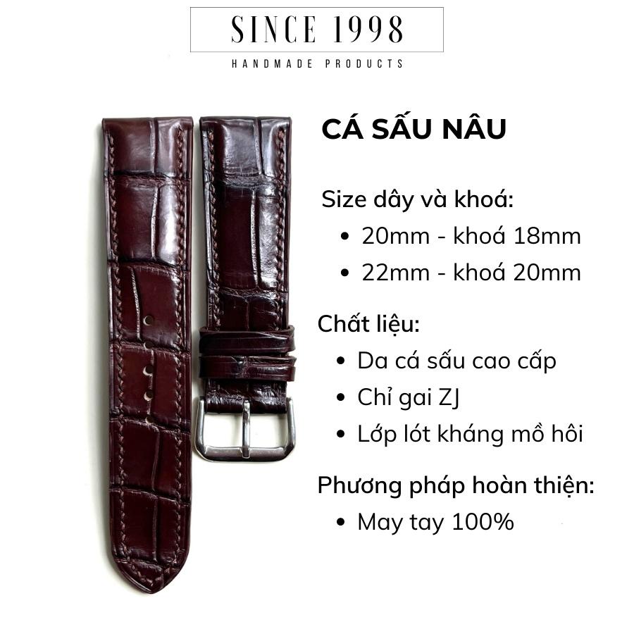 Dây Đồng Hồ Da Cá Sấu Nam 20mm 22mm, Da Thật, Handmade, Chống Nước, Chính Hãng, Màu Nâu, Bảo Hành 12 Tháng