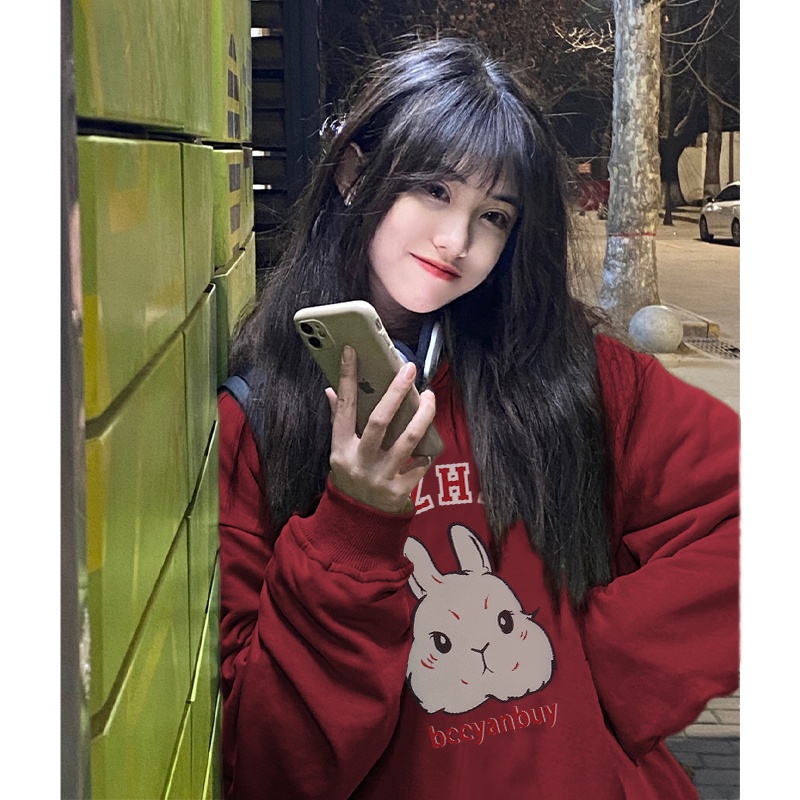 NRVP Áo Thun Nỉ Tay Dài In Hình Thỏ Năm Mới 2023 Phong Cách Hàn Quốc Thời Trang Mùa Đông Cho Nữ