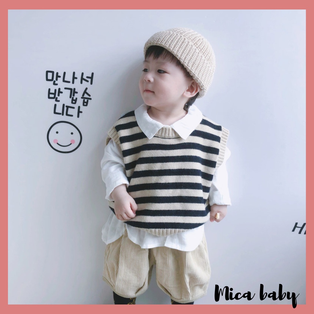Áo gile len cổ tròn cộc tay kẻ sọc phong cách Hàn Quốc đáng yêu cho bé QA61 Mica baby
