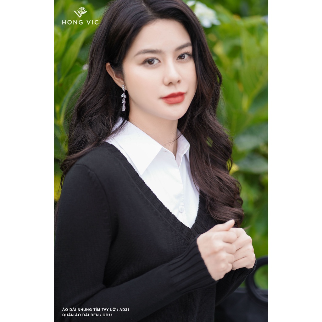 Áo len nữ thiết kế Hong Vic đen cổ V AL27