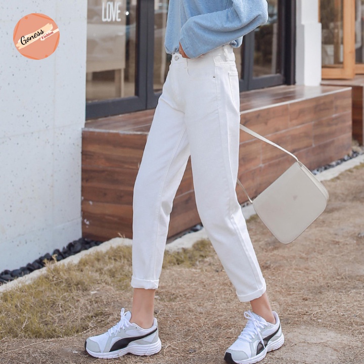 Quần jean nữ Goness ống suông baggy bò màu đen trắng cao cấp cạp cao trơn thời trang Hàn Quốc