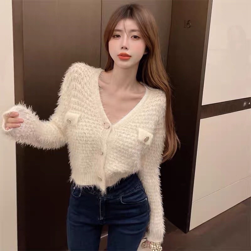 Áo len cardigan lông thỏ cúc bọc siêu sang chảnh